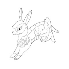 Contour linear illustration for coloring book with decorative Easter rabbit. Beautiful animal,  anti stress picture. Line art design for adult or kids  in zen-tangle style, tattoo and coloring page.