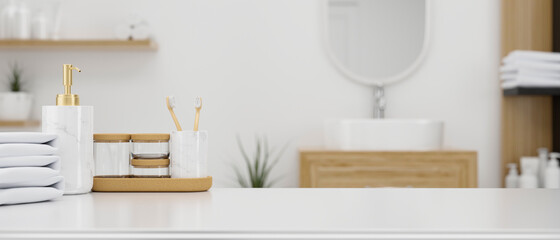 Toiletries on a tabletop, with montage space over a Scandinavian minimalist bathroom interior