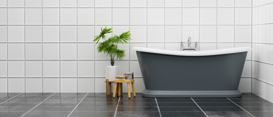Modern bathroom interior with luxury bathtub over tile walls and floor