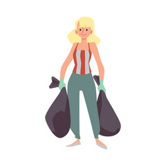 Young woman in gloves holding trash bags flat vector illustration isolated.