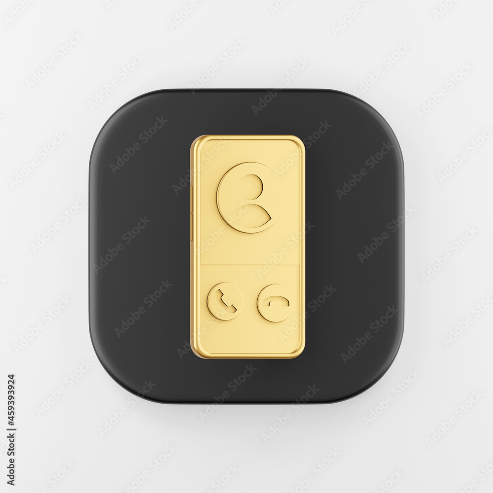 Poster golden smartphone icon. 3d rendering black square key button, interface ui ux element.