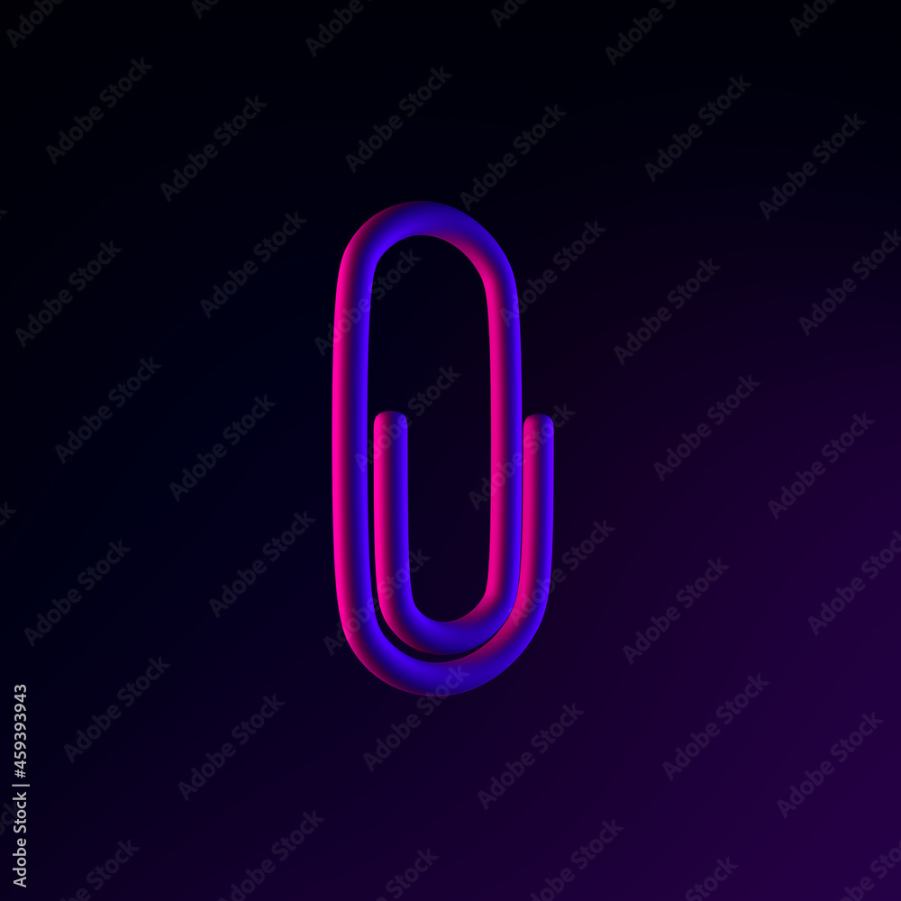 Poster paper clip neon icon. 3d rendering ui ux interface element. dark glowing symbol.