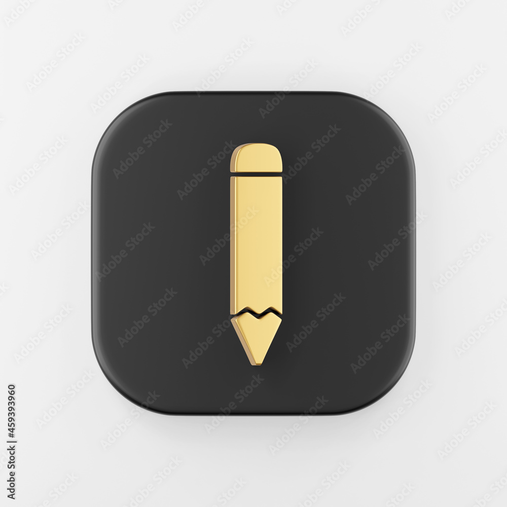 Poster gold pencil flat outline icon. 3d rendering square black key button, interface ui ux element.
