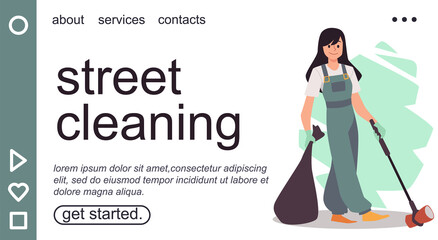 Street cleaning website with volunteer picking trash, flat vector illustration.