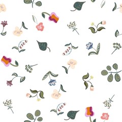 Seamless pattern of abstract floral elements on a white background for textiles.