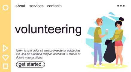 Volunteering web banner with ecologists collect garbage, vector illustration.