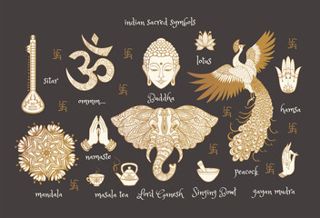 indian sacred symbols: Buddha, ganesha, peacock, sitar, namaste, mandala, hamsa, om, lotus