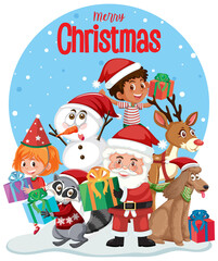 Merry Christmas text banner with Santa Claus and Friends