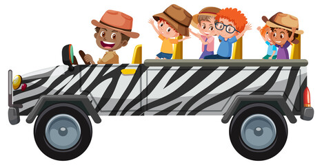 Zoo concept with children on tourist car isolated on white background