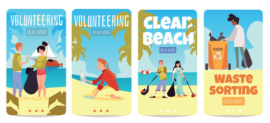 Set of mobile pages for volunteering eco cleaning up, flat vector illustration.