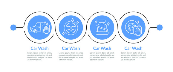 Car wash presentation design elements. Vehicle cleaning vector infographic template. Data visualization with four steps. Workflow layout with linear icons