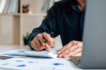 strategy analysis concept, Businessman working financial Manager Researching Process accounting calculate analyse market graph data stock information review on the table in office.