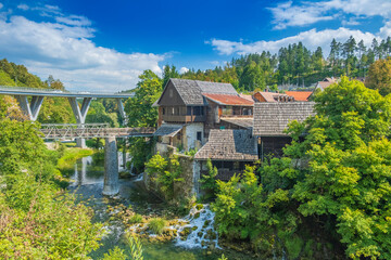 Fototapeta na wymiar Village of Rastoke in Croatia, old water mills on waterfalls of Korana river
