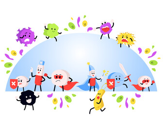 Banner with pills fighting viruses and germs, flat vector illustration isolated.