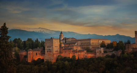 Autumn season fall Background with The landscape  view with Alhambra of Granada, Spain. Alhambra fortress and Albaicin quarter at twilight sky scene - obrazy, fototapety, plakaty