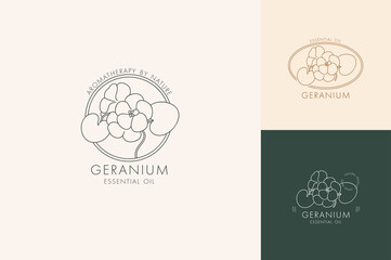 Vector linear set of botanical icons and symbols - geranium. Design logos for essential oil geranium. Natural cosmetic product.
