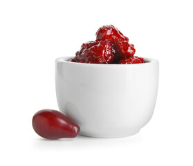 Bowl of delicious dogwood jam isolated on white background