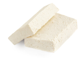 Feta cheese pieces isolatedon white background, top view