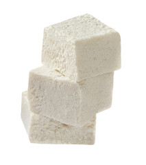 Diced Feta cheese isolated on white background. Greek soft salty cheese