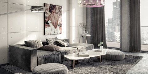 Sitting Group & Decorative Art Presentaion Insiede a Penthouse Flat - panoramic black and white 3D Visualization