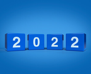 3d rendering, illustration of 2022 letter on block cubes on light blue background, Happy new year 2022 cover concept