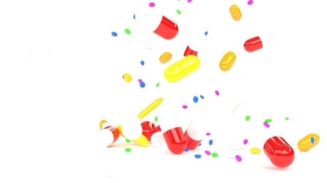 Classic color medicines pills fall on white surface Medical concept super slow motion 1000fps 4k