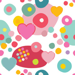 Seamless repeat pattern of colorfull circles, dots, hearts. Vector.