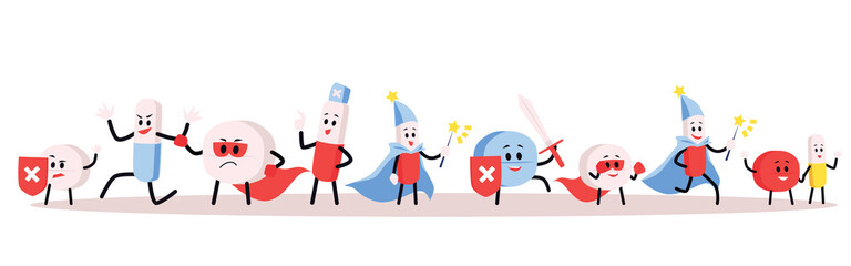 Cartoon pills and medications characters set, flat vector illustration isolated.