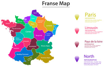 France map divided into provinces or regions with modern borders. Geographic location indication.