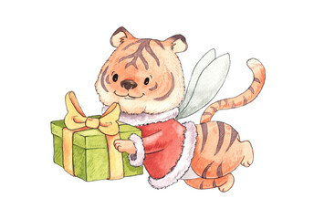 Cartoon character - a tiger in a carnival costume with New Year's gift. The symbol of the new year according to the eastern calendar. Tiger with gift watercolor illustration