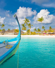 Inspirational Maldives beach design. Maldives traditional boat Dhoni and perfect blue sea with...