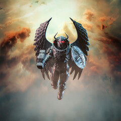Futuristic viking wings - 3D illustration of science fiction winged robot knight with horned helmet rising through heavenly clouds - 459400906