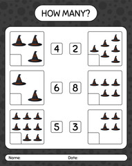 How many counting game with witch's hat. worksheet for preschool kids, kids activity sheet