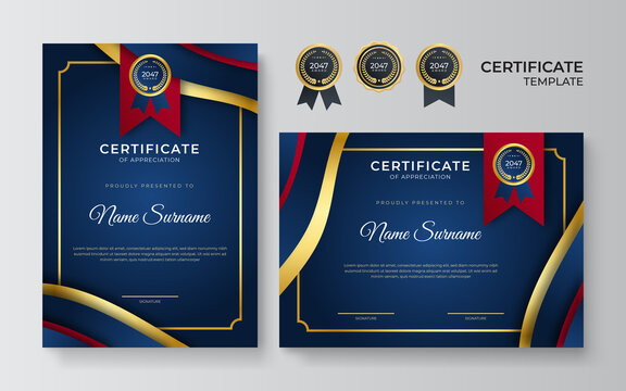 Modern elegant blue and red certificate of achievement border template with luxury badge and modern line pattern. For diploma award, business, and education needs