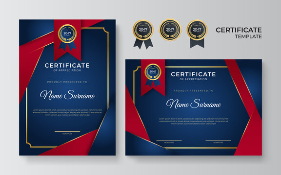 Modern elegant blue and red certificate of achievement border template with luxury badge and modern line pattern. For diploma award, business, and education needs