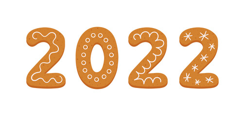 Gingerbread cookies in form of number 2022. Happy new year 2022 year banner. Gingerbread holidays cookies. Hand drawn vector illustration isolated on white background.