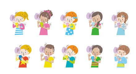 スマホの画面を見て怖がる世界の子供達のイラスト