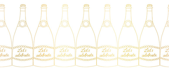 Golden Champagne bottles seamless vector border line art. Hand drawn elegant sparkling alcohol bottle horizontal repeating pattern metallic gold foil for party invite, celebration, holiday, footers