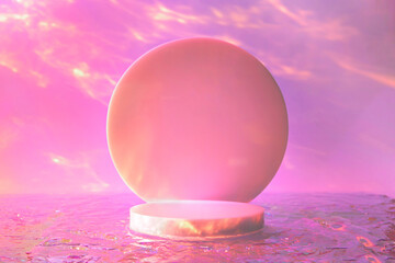 Abstract surreal scene - empty stage with cylinder podium and circle shape on holographic pastel pink colored background. Pedestal for cosmetic, beauty product, packaging mockups display presentation