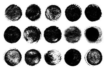 Set of black grunge texture round shape isolated on white background. Grainy textured design elements. Vector illustration, eps 10.