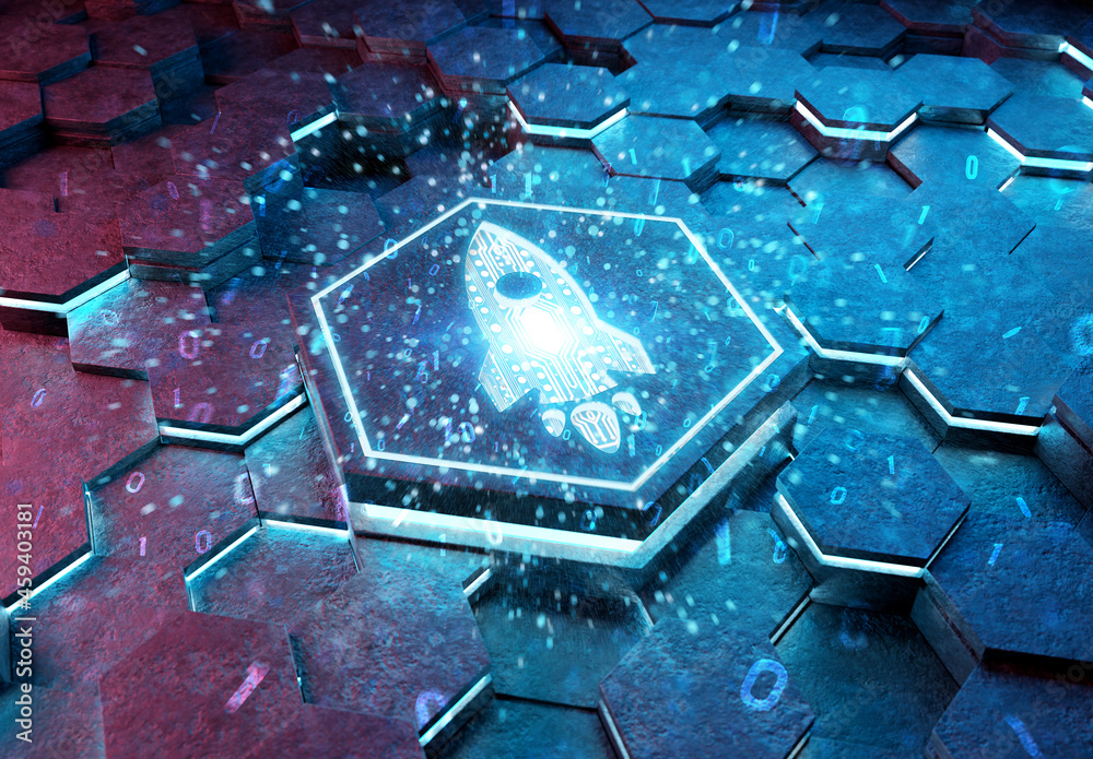 Leinwandbilder spaceship icon innovation concept engraved on metal hexagonal pedestral background. rocket startup l