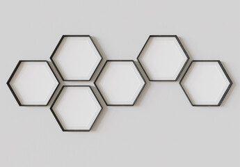 Black hexagon blank photo frames mockup hanging on interior wall. Hexagonal pictures on painted surface. 3D rendering