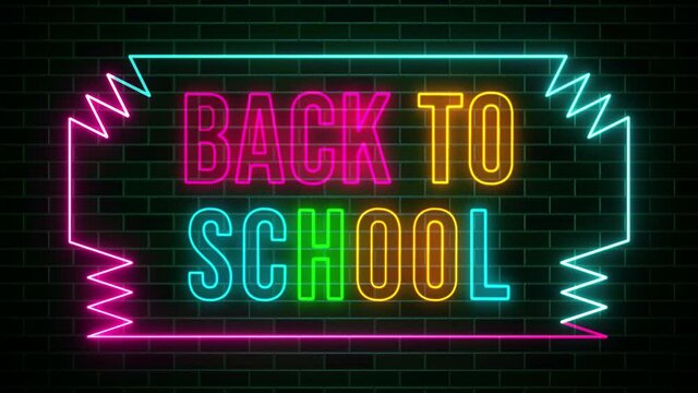 Colorful Flickering Back To School Glowing Text Neon Sign Inside Zigzag Straight Line Frame Rotating Neon Light On Dark Brick Wall Background Seamless Loop
