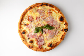 Pizza isolated on white, top view. Italian cuisine concept