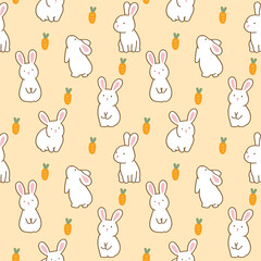 Seamless Pattern of Cartoon White Rabbit and Carrot Design on Yellow Background