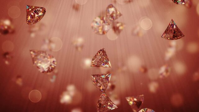 Red ruby brilliants are falling in light rays. 3D render seamless loop animation
