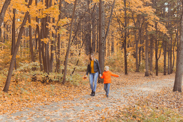 Mother and son walking in the fall park and enjoying the beautiful autumn nature. Season, single parent and children concept.