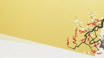 Oriental golden background material with plum trees