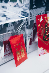Poortrait orientation of red envelopes or red packets called Ang Pao or Ang Pow, also Hongbao or...