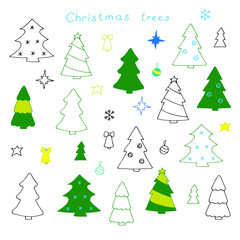 Christmas trees set vector illustration hand drawing outline and colored